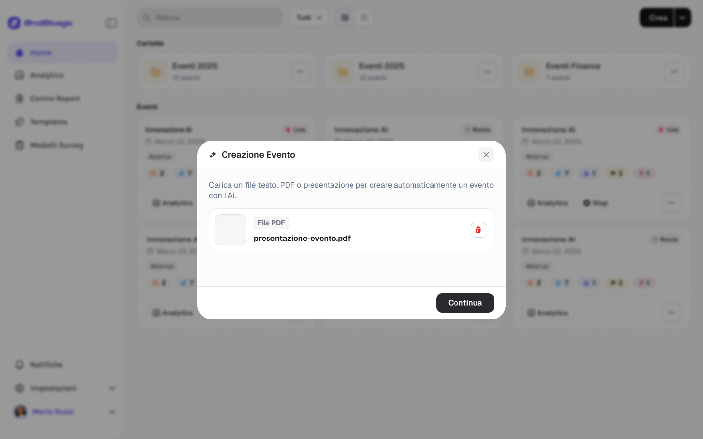 Creazione evento con AI: caricamento PDF della presentazione