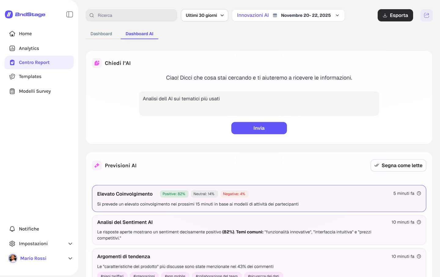 Dashboard AI con previsioni e analisi del sentiment
