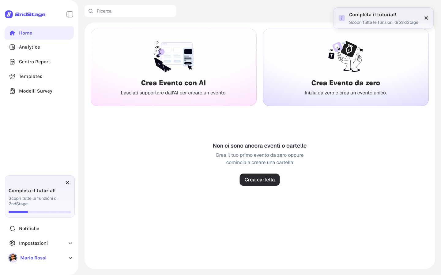 Dashboard di 2ndStage con creazione evento con AI o da zero e tutorial guidato